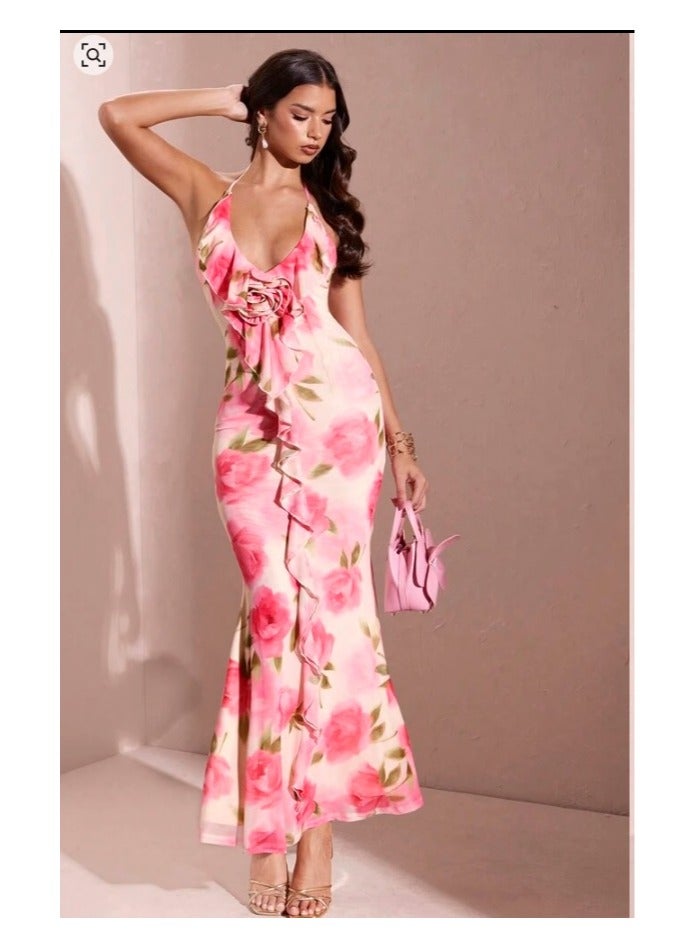 Shein SHEIN BAE Sexy Pink Summer Dress, featuring a bold print V-neck, a thin shoulder strap, 3D pink beading and a ruffled skirt - Image 1