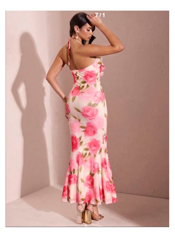 Shein SHEIN BAE Sexy Pink Summer Dress, featuring a bold print V-neck, a thin shoulder strap, 3D pink beading and a ruffled skirt - Image 2