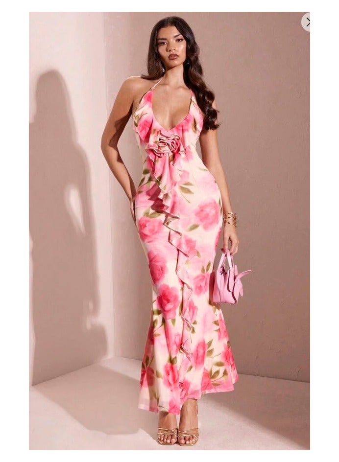 Shein SHEIN BAE Sexy Pink Summer Dress, featuring a bold print V-neck, a thin shoulder strap, 3D pink beading and a ruffled skirt - Image 3