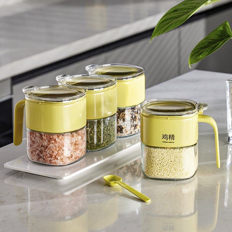 Self-designed Light Luxury Press Type Glass Seasoning Jar Shake Tone Kitchen Salt MSG Flap Seasoning Box with Spoon(light green [simple version 300ML] seasoning jar) - Image 4