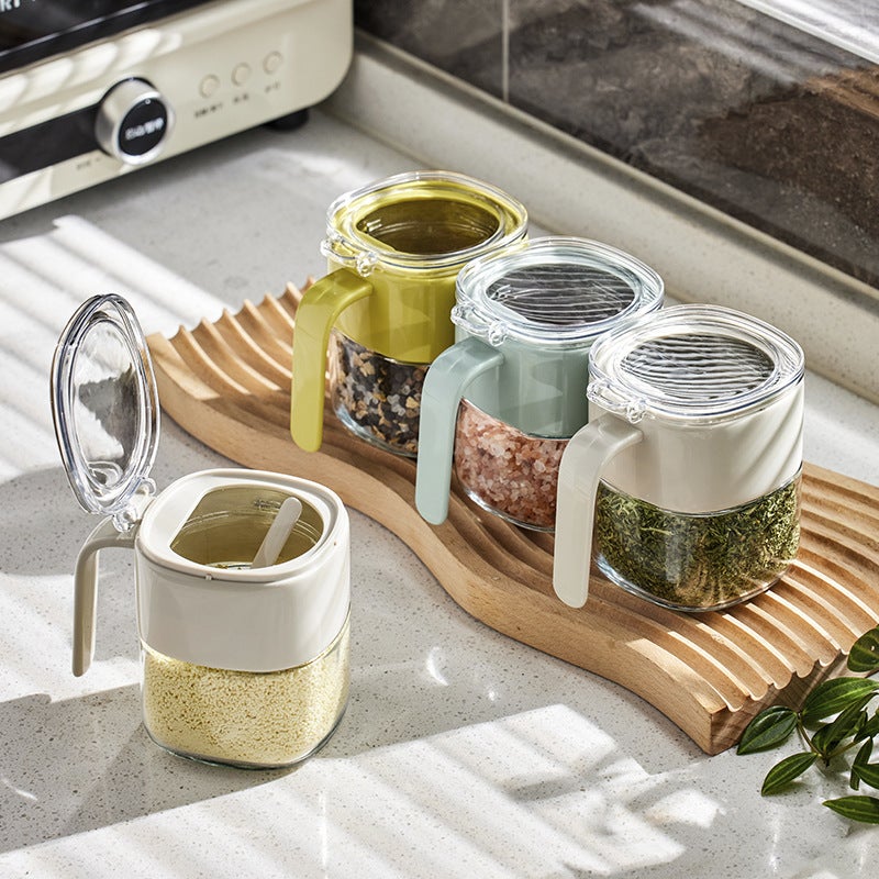 Self-designed Light Luxury Press Type Glass Seasoning Jar Shake Tone Kitchen Salt MSG Flap Seasoning Box with Spoon(light green [simple version 300ML] seasoning jar) - Image 3