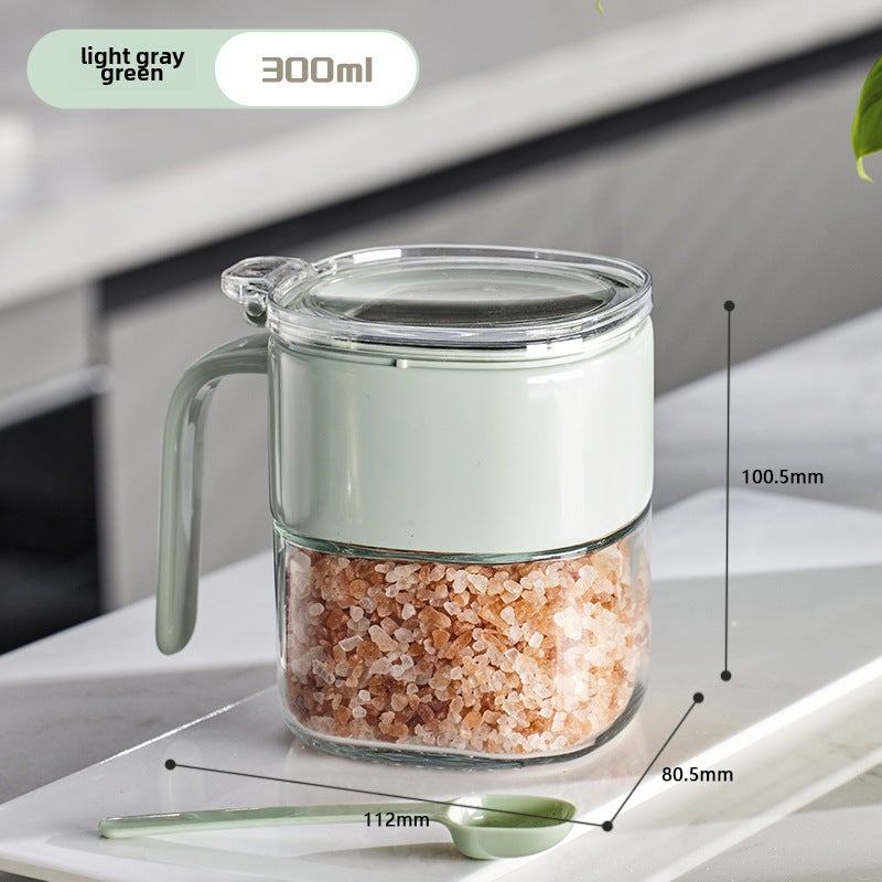 Self-designed Light Luxury Press Type Glass Seasoning Jar Shake Tone Kitchen Salt MSG Flap Seasoning Box with Spoon(light green [simple version 300ML] seasoning jar) - Image 1