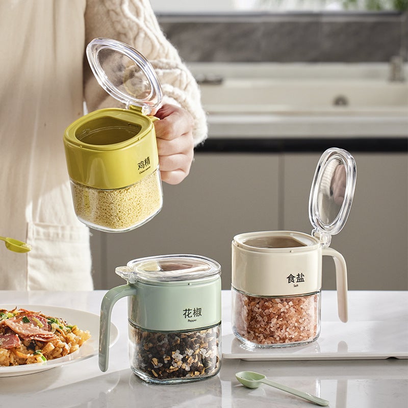 Self-designed Light Luxury Press Type Glass Seasoning Jar Shake Tone Kitchen Salt MSG Flap Seasoning Box with Spoon(light green [simple version 300ML] seasoning jar) - Image 2
