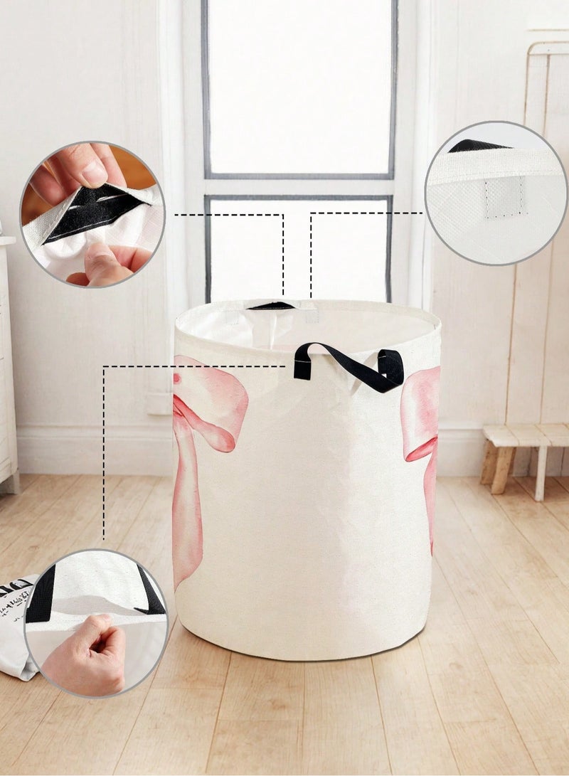 سلة غسيل ملابس قماشية باللون الأبيض مزينة بفيونكة وردية كبيرة سعة تخزين عملية مقاس 48×38 سم مع مقابض للحمل مناسبة لغرفة النوم والغسيل - Image 4