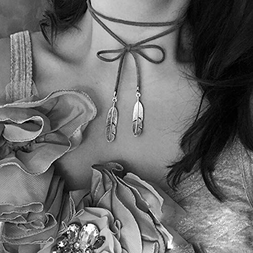 Doubnine Boho Feather Choker Wrap Versatile Necklace Vegan Suede Lariat Gothic Brown Black Accessories for Women (black cord + bronze feather) - Image 5