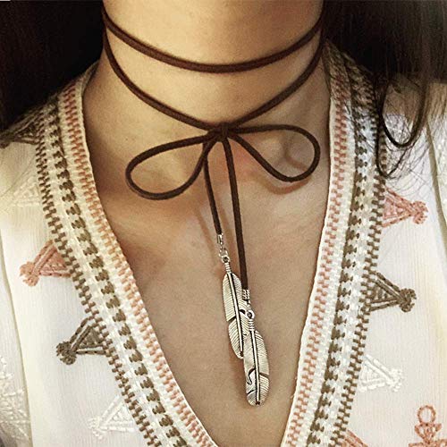 Doubnine Boho Feather Choker Wrap Versatile Necklace Vegan Suede Lariat Gothic Brown Black Accessories for Women (black cord + bronze feather) - Image 4