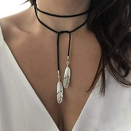 Doubnine Boho Feather Choker Wrap Versatile Necklace Vegan Suede Lariat Gothic Brown Black Accessories for Women (black cord + bronze feather) - Image 2