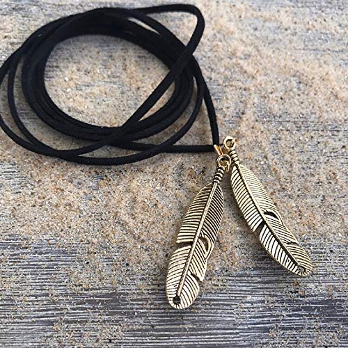 Doubnine Boho Feather Choker Wrap Versatile Necklace Vegan Suede Lariat Gothic Brown Black Accessories for Women (black cord + bronze feather) - Image 3
