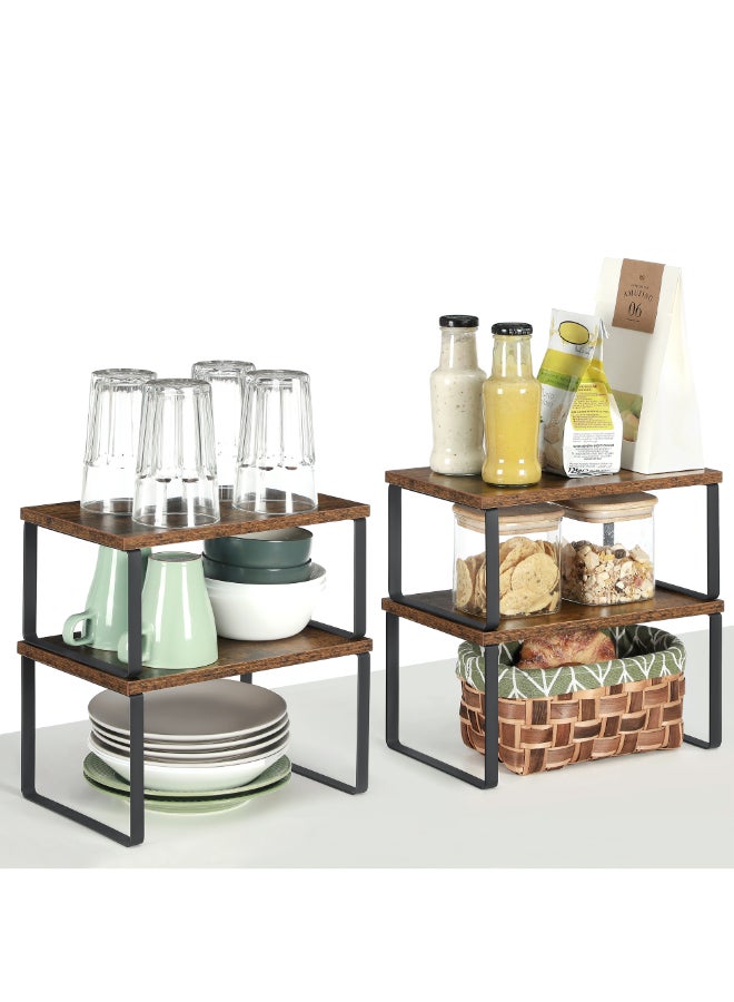 SONGMICS منظم خزائن المطبخ من سونغميكس، مجموعة من 4 رفوف تخزين على الطاولة، قابلة للتكديس، رفوف توابل قابلة للتوسيع، معدنية وخشب مصنّع، أسود وبني ريفي - Image 1