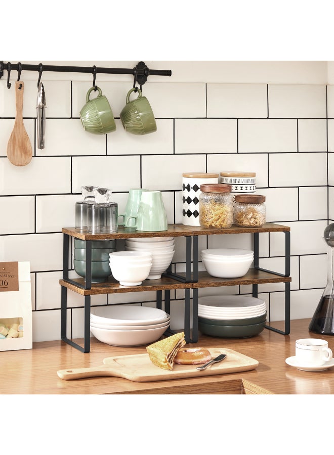 SONGMICS منظم خزائن المطبخ من سونغميكس، مجموعة من 4 رفوف تخزين على الطاولة، قابلة للتكديس، رفوف توابل قابلة للتوسيع، معدنية وخشب مصنّع، أسود وبني ريفي - Image 3