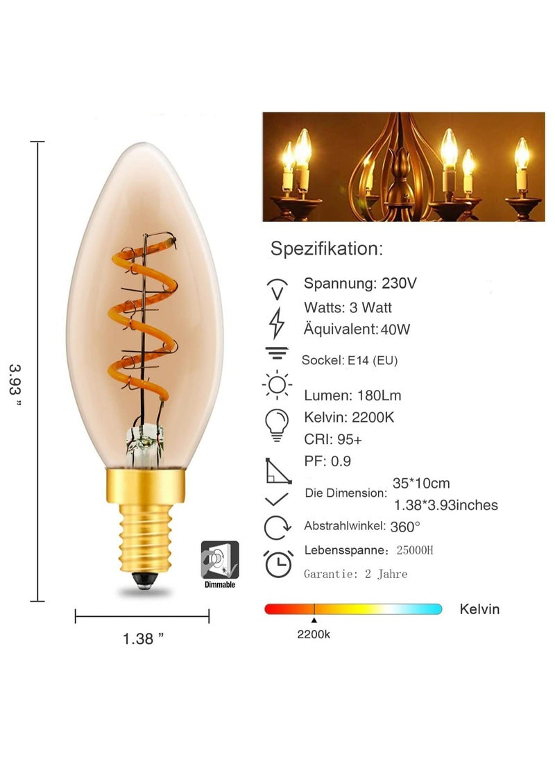 E14 Dimmable LED Light Bulbs, Vintage Amber Glass Candle Bulbs C35, 3W Warm White 2200K, Energy Efficient Lighting for Chandeliers and Wall Lamps (Pack of 3) - Image 2