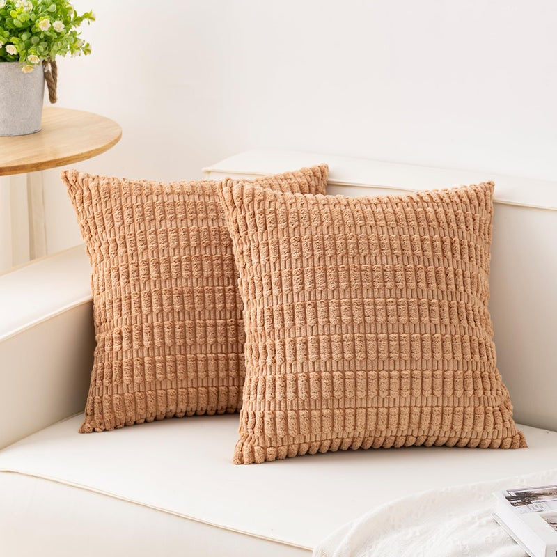 Aegero Pack of 2 Corduroy Decorative Throw Pillow Covers 18x18 Inch Soft Striped Pillow Covers Modern Farmhouse Home Decor for Sofa Living Room Couch Bedï¼ˆApricotï¼‰ - Image 1