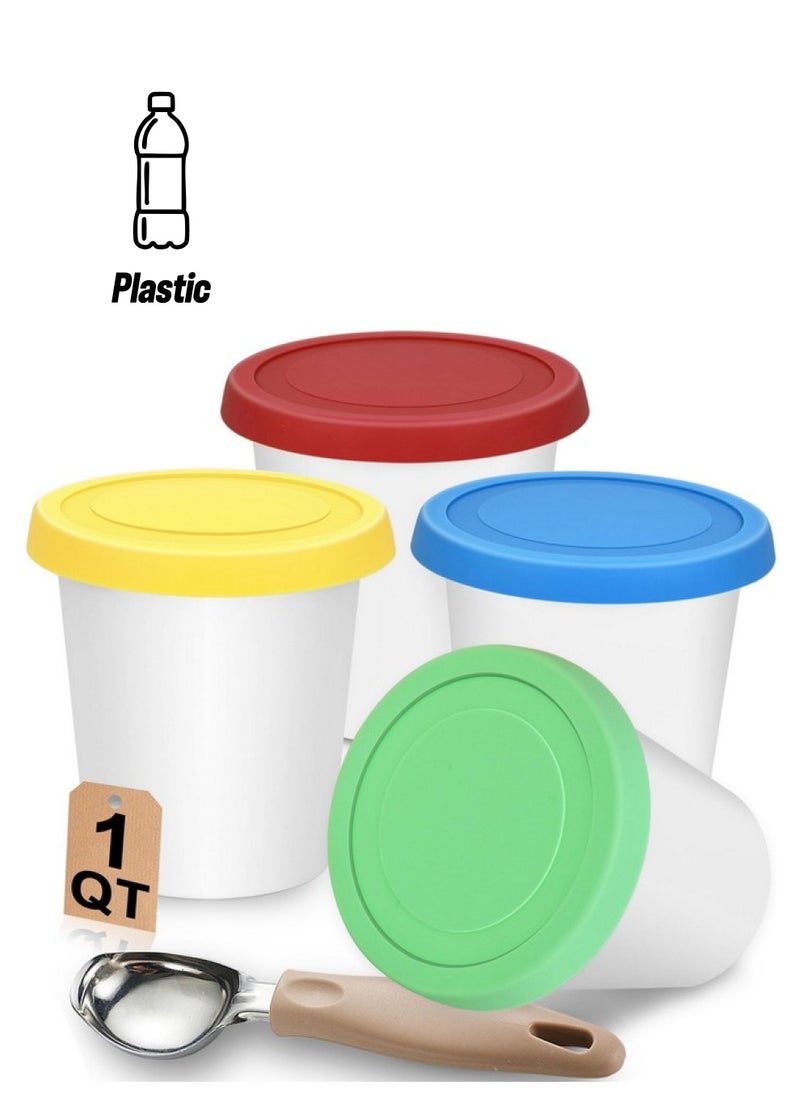 Sysmie 4 Pack Ice Cream Container Set (1 Quart Each) - Reusable Ice Cream Freezer Storage Tubs With Silicone Lids And An Ice Cream Scoop For Homemade Ice Cream, Sorbet And Gelato, Dishwasher Safe, Bpa Free  - Image 1
