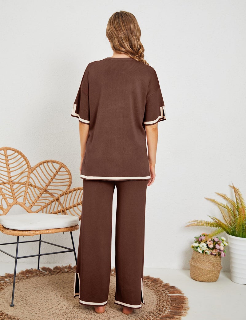 Tanming Sweater Sets Women 2 Piece Lounge Sets Short Sleeve Knit Pullover Tops Wide Leg Pants (Brown-M) - Image 3