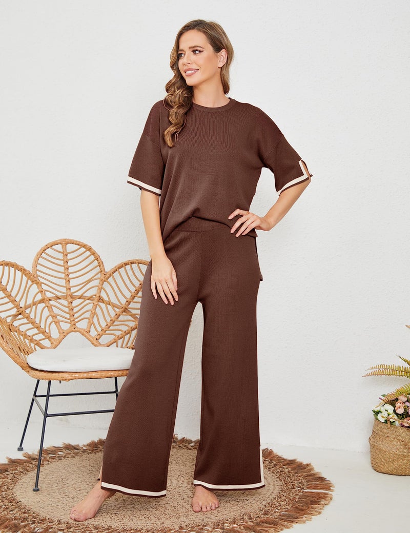 Tanming Sweater Sets Women 2 Piece Lounge Sets Short Sleeve Knit Pullover Tops Wide Leg Pants (Brown-M) - Image 4