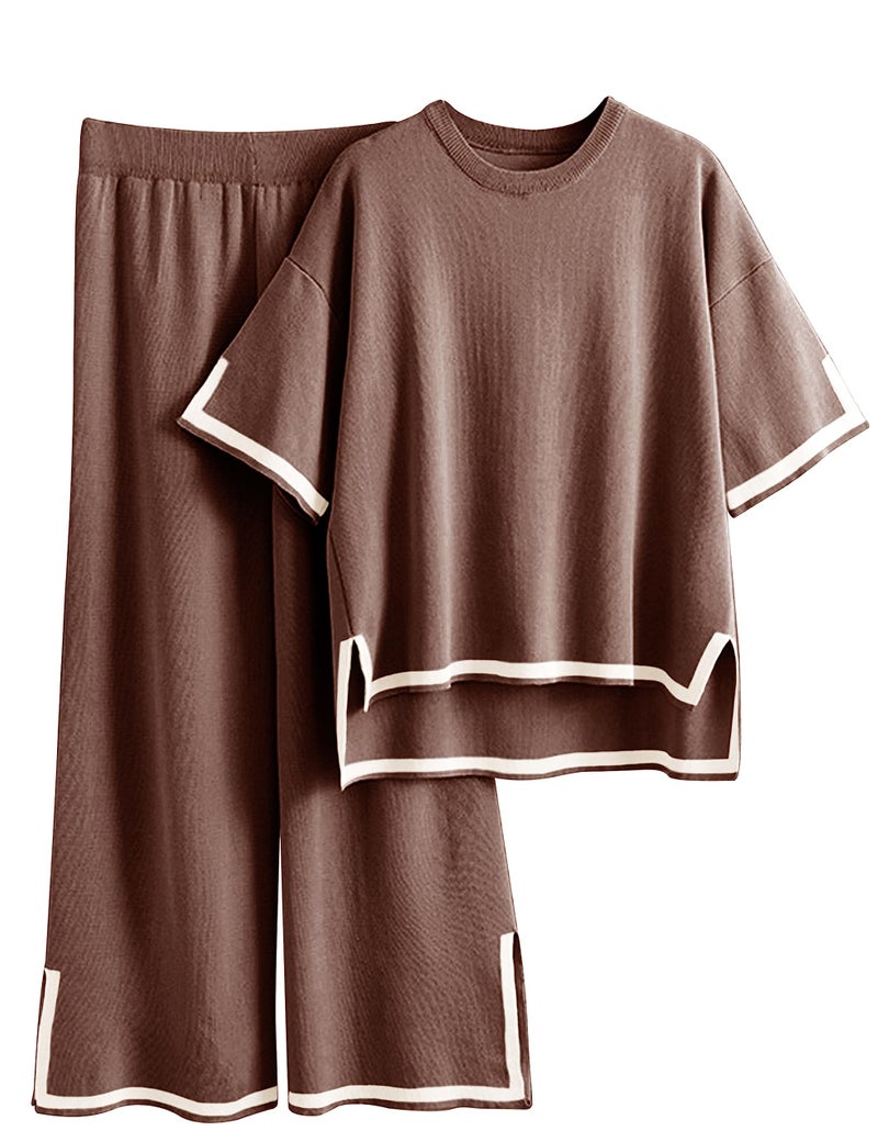 Tanming Sweater Sets Women 2 Piece Lounge Sets Short Sleeve Knit Pullover Tops Wide Leg Pants (Brown-M) - Image 1