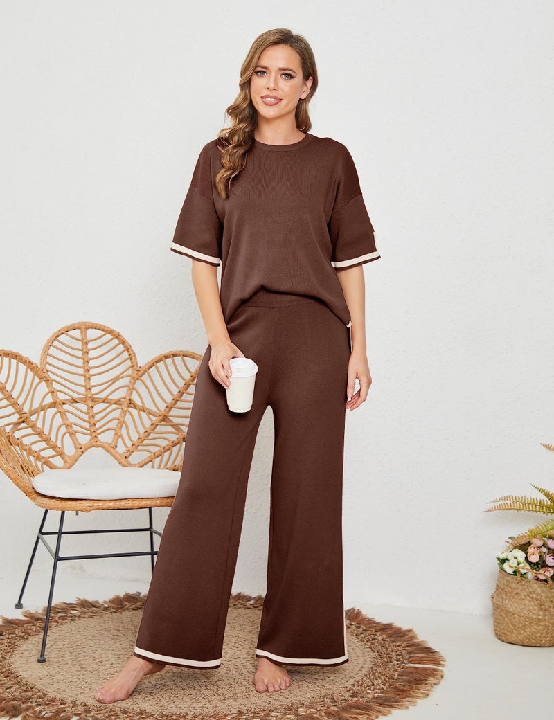Tanming Sweater Sets Women 2 Piece Lounge Sets Short Sleeve Knit Pullover Tops Wide Leg Pants (Brown-M) - Image 5