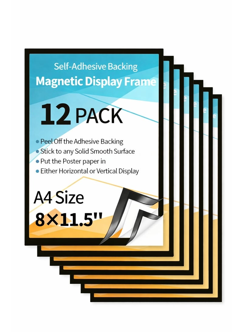 ZIVTH 12 Pack A4 Magnetic Display Frames Self Adhesive, HD Clear Kids Art Frame, Reusable Changeable Artwork, Photo & Document Holder for Drawings & Crafts (Black) - Image 1