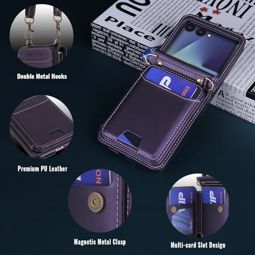 ASAPDOS for Samsung Galaxy Z Flip 7 PU Leather Wallet Phone Case with Card Slots (Holds 5 Cards), Anti-Drop Protection, Wrist & Shoulder Strap Purple - Image 3
