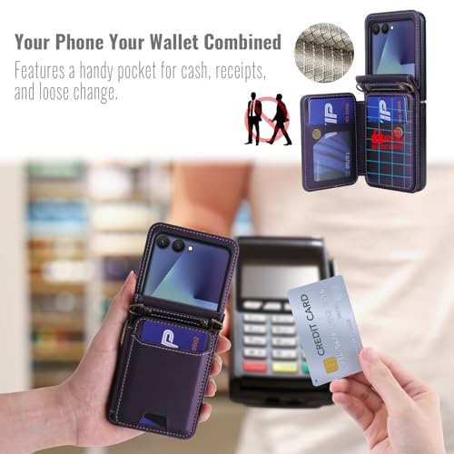 ASAPDOS for Samsung Galaxy Z Flip 7 PU Leather Wallet Phone Case with Card Slots (Holds 5 Cards), Anti-Drop Protection, Wrist & Shoulder Strap Purple - Image 5