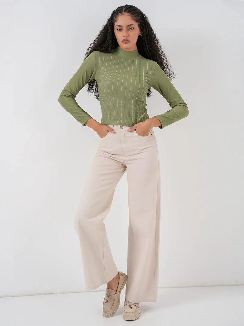 BIG DART BDART Striped Half Turtleneck Long Sleeve Top with Stone Detail