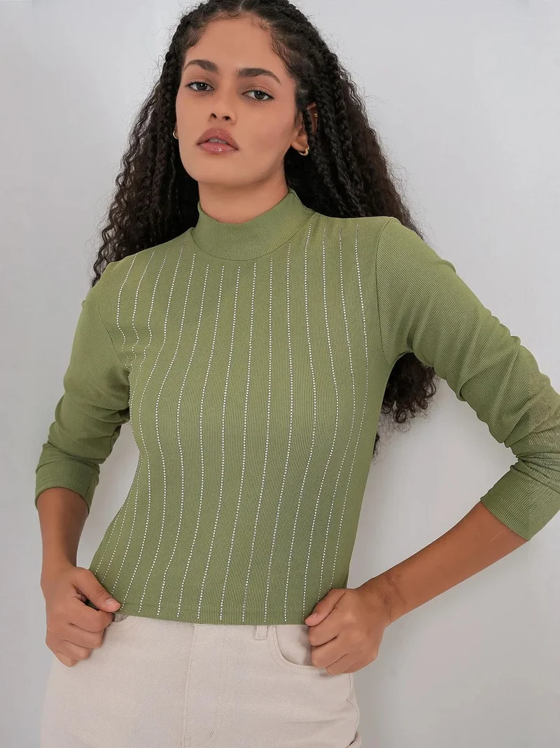 BIG DART BDART Striped Half Turtleneck Long Sleeve Top with Stone Detail