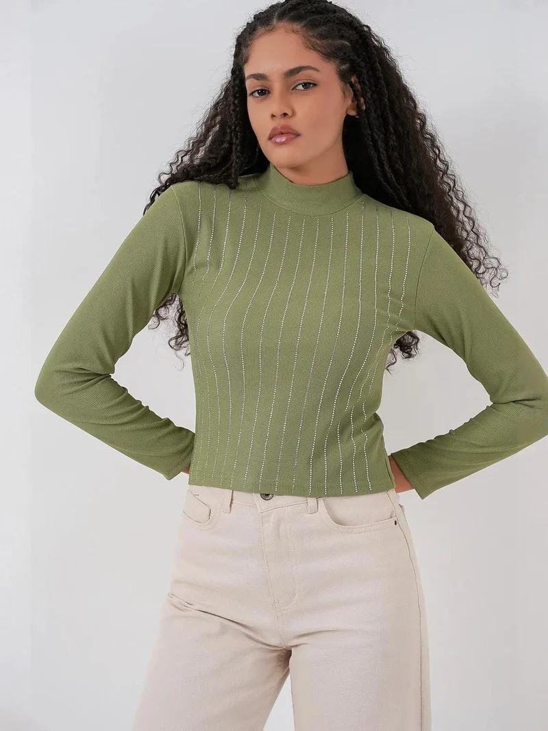 Big Dart Pine Green BDART Striped Half Turtleneck Long Sleeve Top with Stone Detail for Women | Best Price UAE