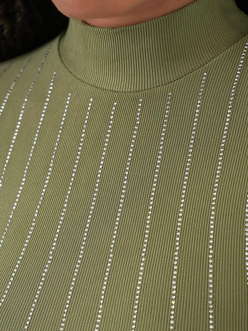 Big Dart Pine Green BDART Striped Half Turtleneck Long Sleeve Top with Stone Detail for Women | Best Price UAE
