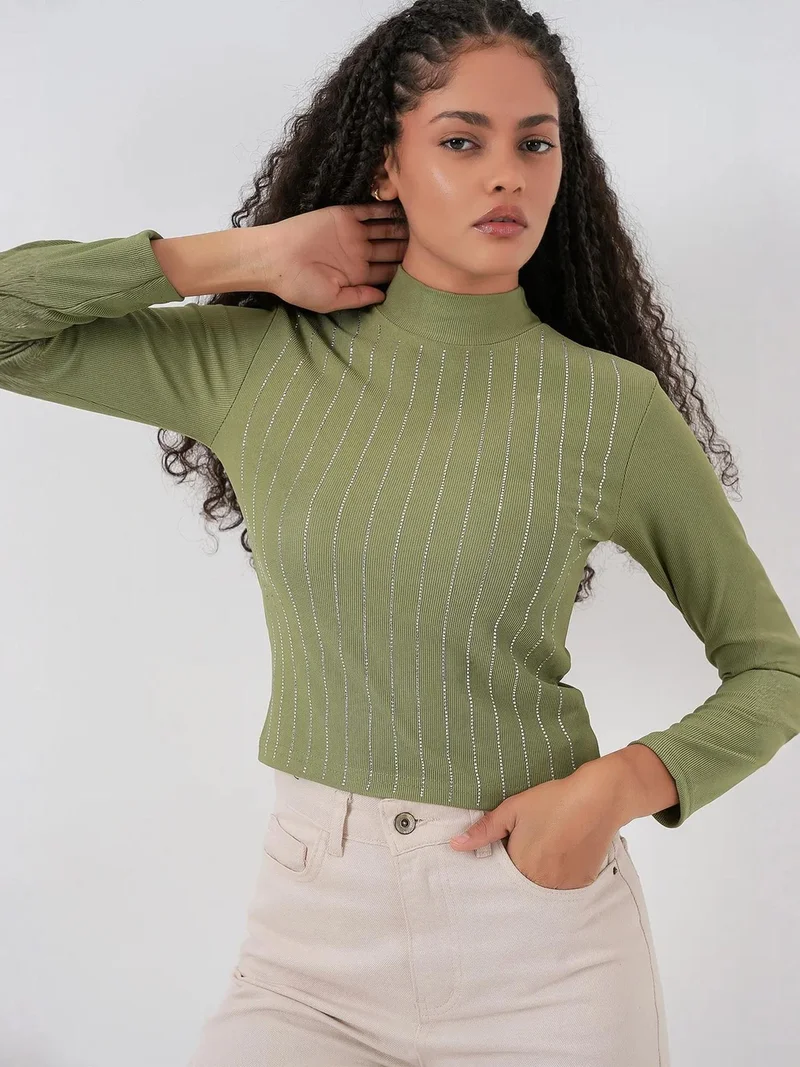 Big Dart Pine Green BDART Striped Half Turtleneck Long Sleeve Top with Stone Detail for Women | Best Price UAE