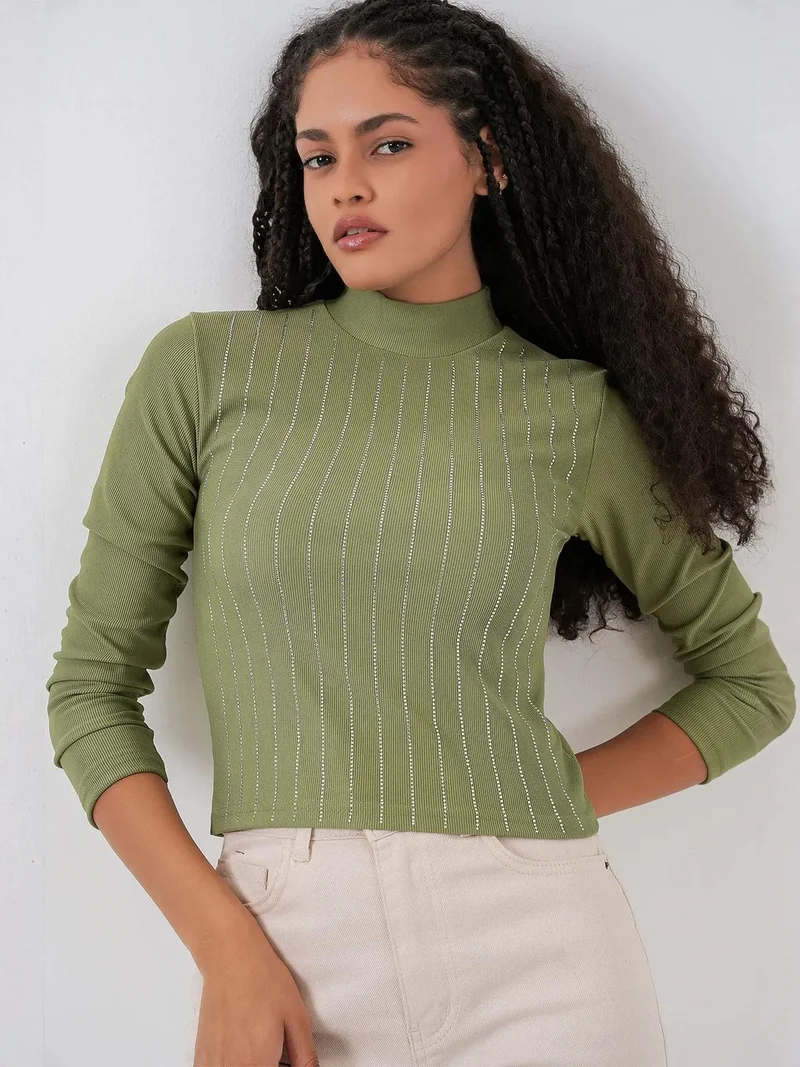 Big Dart Pine Green BDART Striped Half Turtleneck Long Sleeve Top with Stone Detail for Women | Best Price UAE