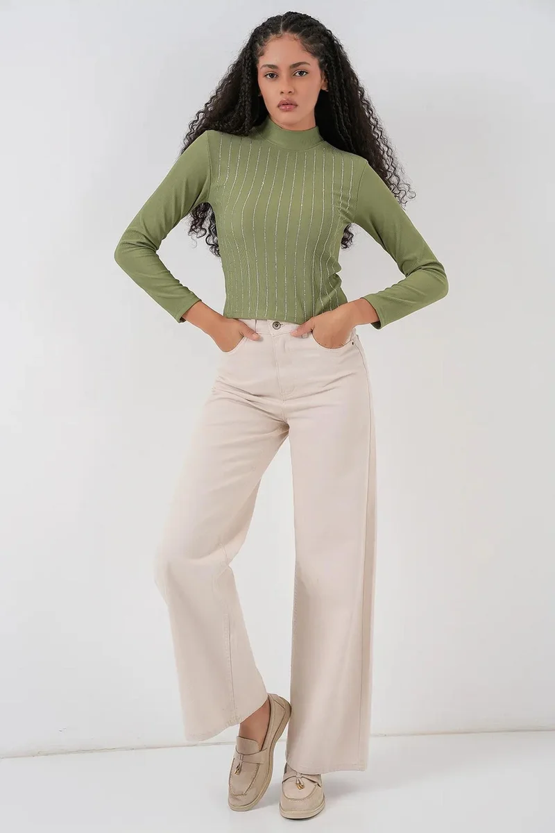 Big Dart BDART Striped Half Turtleneck Long Sleeve Top with Stone Detail