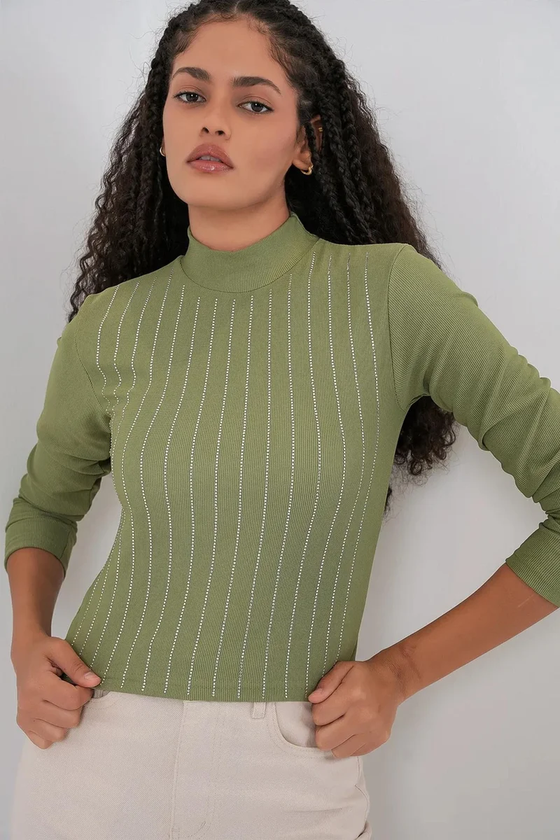 Big Dart BDART Striped Half Turtleneck Long Sleeve Top with Stone Detail