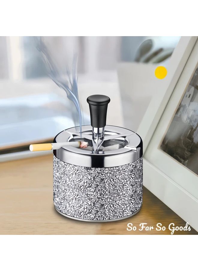 Silvery Metal Ashtray With Push Button Lid Durable Portable For Home Office Outdoor Use - Image 5