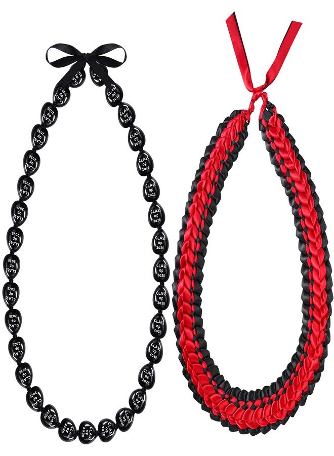 Junkin 2 Pcs Graduation Leis Class of 2026, 47 Inch Double Braided Ribbon Lei & 35 Inch Kukui Nut Necklace, Hawaiian Jewelry for Graduation Ceremony Party Gifts(Black, Red) - Image 1