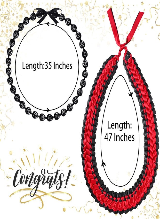 Junkin 2 Pcs Graduation Leis Class of 2026, 47 Inch Double Braided Ribbon Lei & 35 Inch Kukui Nut Necklace, Hawaiian Jewelry for Graduation Ceremony Party Gifts(Black, Red) - Image 2