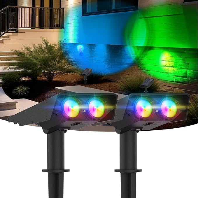 Solar Spot Lights Outdoor with 2 LEDs, IP65 Waterproof 2-in-1 Landscape & Wall Mount Lights, 3 Lighting Modes for Garden, Tree, Yard, Patio & Pathway (RGB) - Image 2