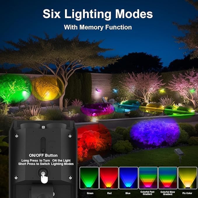 Solar Spot Lights Outdoor with 2 LEDs, IP65 Waterproof 2-in-1 Landscape & Wall Mount Lights, 3 Lighting Modes for Garden, Tree, Yard, Patio & Pathway (RGB) - Image 3