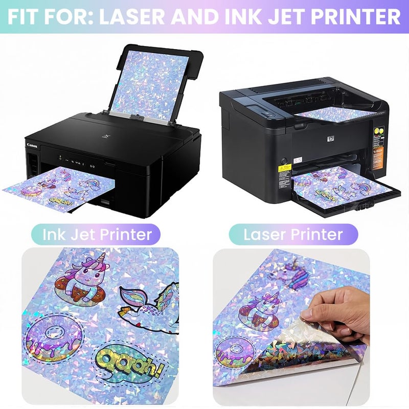 OFIFO ® 24 Sheets A4 Waterproof Vinyl Sticker Paper, 4 Holographic Designs Laser Shine Finish, Inkjet Printable Self Adhesive Labels for DIY Crafts, Laptop, Car, Bike, Phone Decoration - Image 4