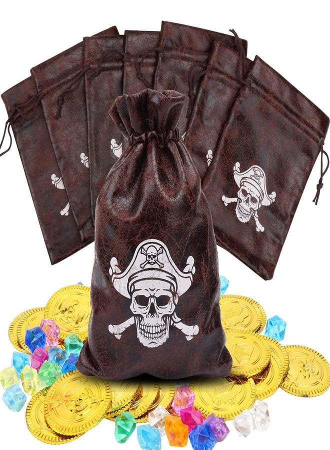 BLSUREFYX 8 PCS Pirate Loot Bags 6.5 x 4.5 Inches Pirate Goodie Bags with Drawstring Leather Faux Cow Skin Pirate Gift Bags for Pirate Party Decorations Birthday Party Supplies - Image 1