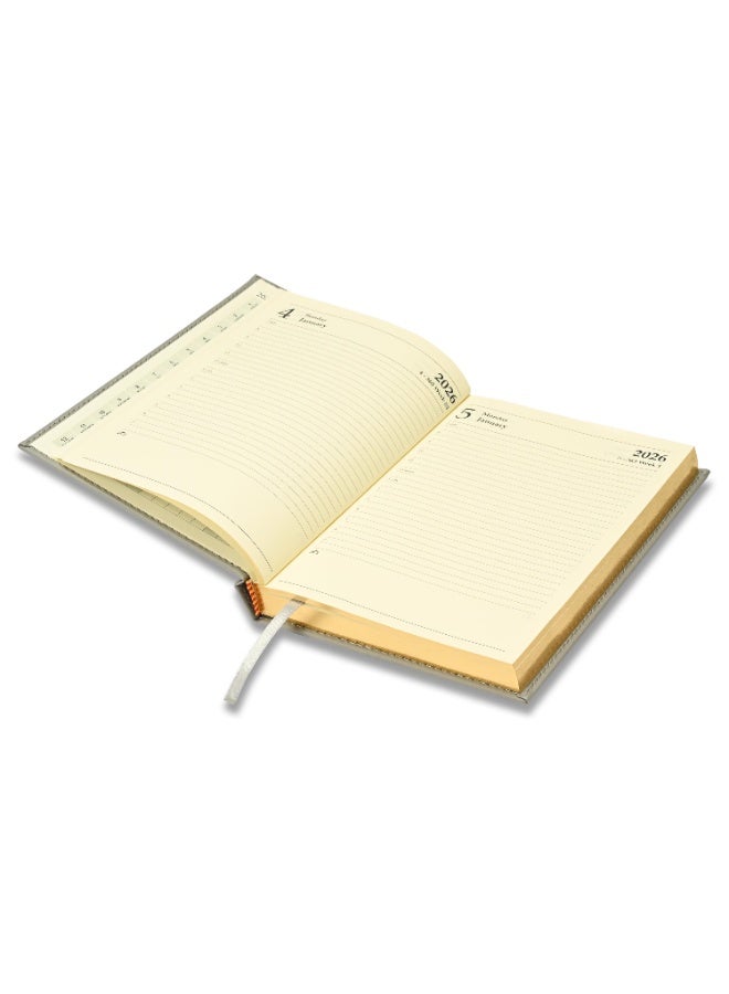 FIS 2026 Diary, Golden A5 Size Diary(148x210mm), Italian PU Materials, 1 Side Padded & Sewn Cover, Gilded Edges, English, 70gsm Italian Ivory Paper, Grey Color-FSDI26EG26GY - Image 4