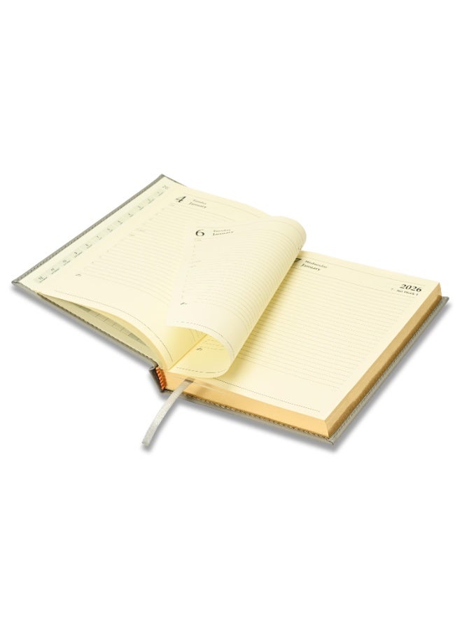 FIS 2026 Diary, Golden A5 Size Diary(148x210mm), Italian PU Materials, 1 Side Padded & Sewn Cover, Gilded Edges, English, 70gsm Italian Ivory Paper, Grey Color-FSDI26EG26GY - Image 5