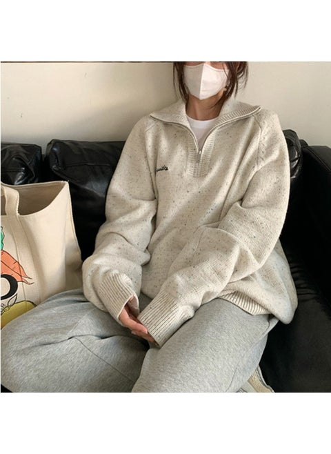 Korean Style White Half-Zip Sweater with Colored Dots for Women Fall/Winter 2022 Casual Lazy Pullover White