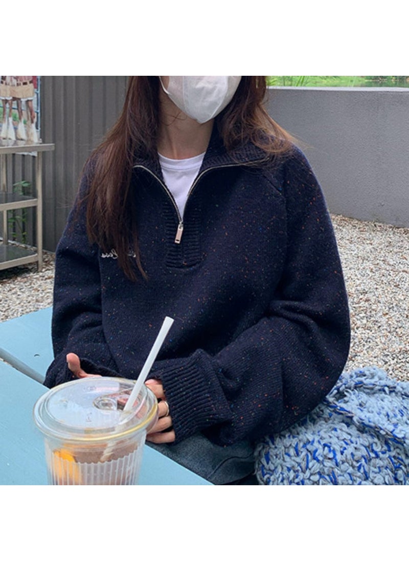 Generic - Korean Style White Half-Zip Sweater with Colored Dots for Women Fall/Winter 2022 Casual Lazy Pullover White - Image 1