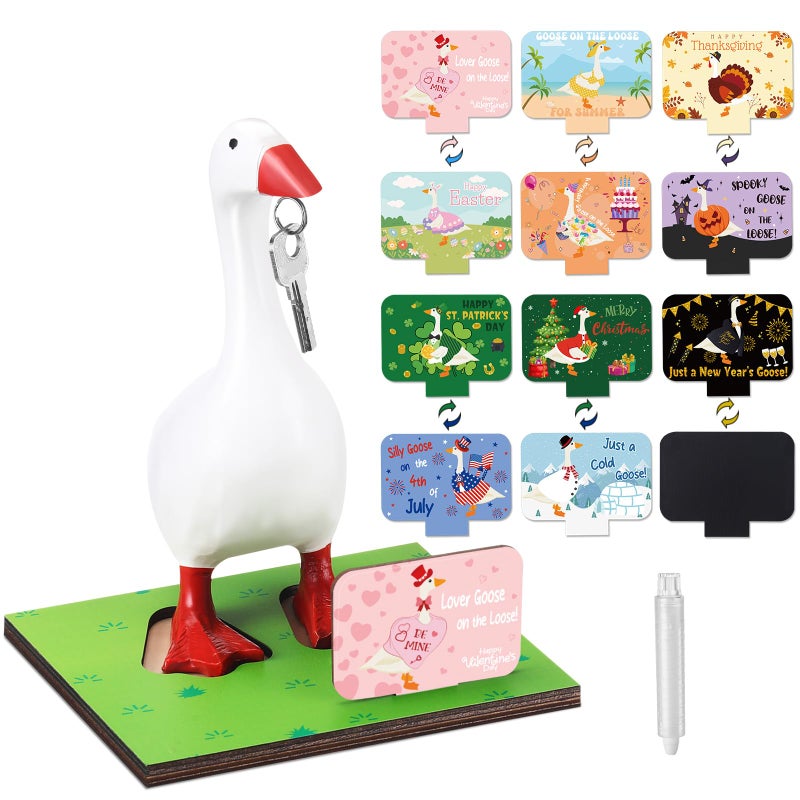 Relaxweex Magnetic Goose Key Holder Cute Statue Resin Goose Statue with Wooden Base Writable Sign Chalk for New Apartment Housewarming Gift Office Table Desk Home Decor (Motivation Quotes,9 Pcs) - Image 1