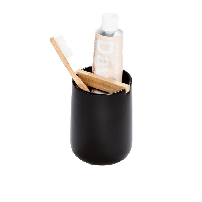 IDESIGN CERAMIC EARTH COLLECTION TOOTHBRUSH HOLDER WITH PAULOWNIA WOOD DIVIDER MATTE BLACKNATURAL