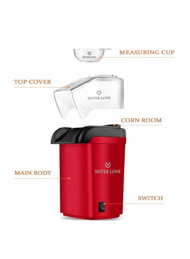 Silver Love Popcorn Machine 1200W Hot Air Popcorn Maker Red - Image 2