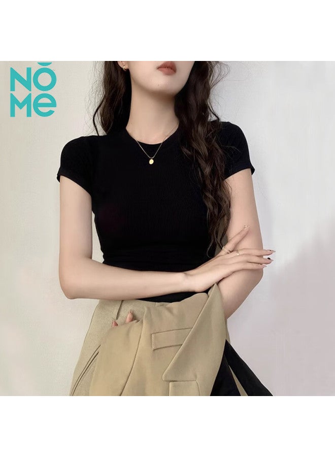 Nome Enkola Red Short Sleeve T-shirt Women's Waist-length Ribbed Shoulder Tight Top Black XL - Image 1
