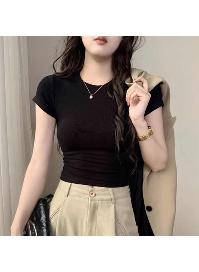 Nome Enkola Red Short Sleeve T-shirt Women's Waist-length Ribbed Shoulder Tight Top Black XL - Image 3