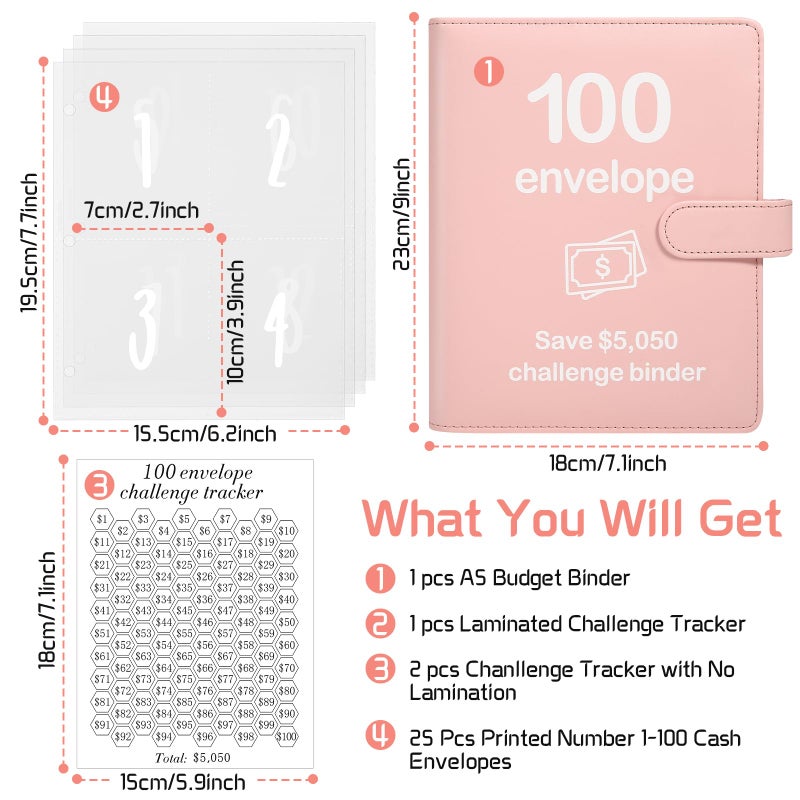 Pemocyny 100 Envelopes Money Saving Challenge Binder with Reusable Laminated Tracker, Budget Book with Cash Envelopes, Easy and Fun Way to Save $5,050 (Pink) - Image 2