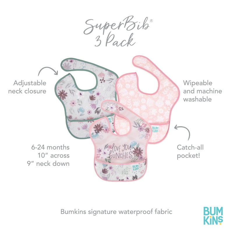 Bumkins Bibs for Girl or Boy, SuperBib Baby and Toddler for 6-24 Months, Essential Must Have for Eating, Feeding, Baby Led Weaning Supplies, Mess Saving Catch Food, Fabric 3-pk Floral and Lace - Image 5